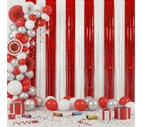 Zhanmai 2 Pack Red White Tinsel Foil Fringe Curtains 3.28×8.20 ft Metallic Streamers Tinsel Curtains Background for Christmas Carnival Circus Valentines Birthday New Year Engagement Party (Red White)