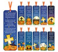 Zhanmai 200 Pcs Pumpkin Prayer Bookmarks for Kids Religious Bible Verses Bookmarks Christian Halloween Bookmarks Bulk Halloween Pumpkin Bookmarks with Ribbon for Halloween Sunday School Supplies