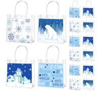 Zhanmai 24 Pcs Blue Christmas Gift Bags with Handles Clear Winter Holiday Party Favor Bags Bulk 4 Styles Snowflakes Snowman for Xmas Presents Wrapping Treat Favors Supplies, 8 x 8 x 3.15 Inch