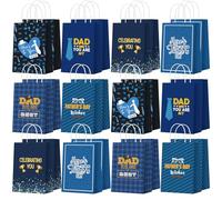 Zhanmai 24 Pcs Father's Day Gift Goodie Bags for Party with Handles Paper Blue Dad Father's Day Candy Treat Bags with Tie Hat Glasses Beard Pattern for Birthday Party Supplies Gifts Wrapping