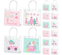 Zhanmai 24 Pcs Pink Christmas Gift Bags with Handles Clear Xmas Holiday Party Favor Bags Bulk 4 Styles Nutcracker Gingerbread for Holiday Presents Wrapping Treat Favors Supplies, 8 x 8 x 3.15 Inch