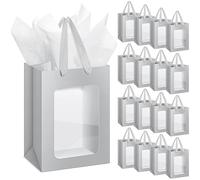Zhanmai 36 Pcs Kraft Clear Gift Bags with Tissue Paper, Paper Gift Bags with Transparent Window with Handles for Business, Shopping, Wedding, Baby Shower, Party Favors (Silver)