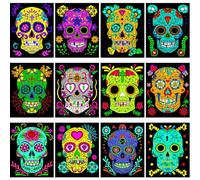 Zhanmai 48 Pcs Sugar Skulls Velvet Coloring Posters Halloween Fuzzy Coloring Sheets Day of the Dead Fuzzy Velvet Coloring Posters DIY Craft Coloring Poster Family Craft Project to Color and Share