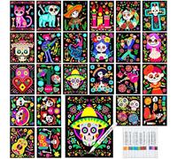 Zhanmai Pack of 48 Day of The Dead Sugar Skull Velvet Coloring Posters and Watercolor Pens Dia De Muertos Fuzzy Velvet Coloring Posters for Adults Teenagers Large Poster Arts Crafts