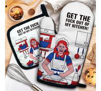 ZHANTUONE Get The FXXK Out of My Kitchen Funny Heat Resistant Oven Mitts and Pot Holders Set with Silicone Non-Slip, Housewife Cooking Baking Gadgets, Birthday Gifts for Mom Wife Girlfriend Grandma