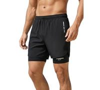 ZHAOCAI Quick Dry Mens Swimming Shorts with Drawstring Boys Swimming Trunks with Compression Liner 4-Way Stretch 2 in 1 Beach Board Shorts Training Fitness Swimwear Black