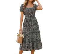 ZHAOCAI Summer Midi Dresses for Women UK, Ladies Summer Dresses, Short Puff Sleeve Square Neck Floral Polka Dot Tiered Ruffle A-Line Casual Party Sundress (UK, Alpha, S, Regular, Regular, Black)