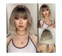 Zhaoj24-05 Wigs for Women 14inch Short Wavy Gray Blonde Ombre Synthetic Wigs with Bangs Cosplay Ash Brown Bob Wig for Women Daily Natural Heat Resistant Hair for Party Cosplay Wig