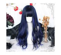Zhaoj24-05 Wigs for Women Black Blue Wigs with Neat Bangs for Women, Long Curly Wavy Hair Wig with Bangs Natural Synthetic Cosplay Replacement Wig for Party Cosplay Wig