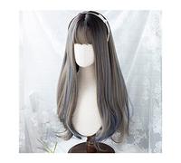 Zhaoj24-05 Wigs for Women Long Straight Wig with Bangs for Women Girls Brown Mixed Blue Synthetic Wig for Daily Party Cosplay, Natural Heat Resistent Wig for Party Cosplay Wig