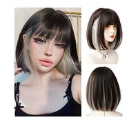 Zhaoj24-05 Wigs for Women Short Bob Wig with Bangs, Straight Bob Wigs Brown Highlight Blonde Hair, Natural Looking Heat Resistant Synthetic Fiber Wig for Daily Party Cosplay for Party Cosplay Wig