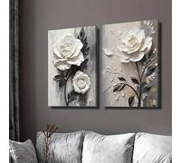 ZHAOLIN 2 Pcs Canvas Printed Art, Rose Oil Painting, Botanical Flower Art Painting, White Floral Canvas Wall Art For Home Wall Decor(50x70cmx2/Frame)