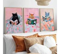 ZHAOLIN 3pcs Cute Funny Animal Cat Reading Books Poster Preppy Art Study Room Wall Decoration Canvas Painting Print For Home Decor(20x35cmx3/Canvas wrap)