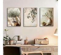 ZHAOLIN 3pcs Vintage Olive Tree Canvas Wall Art Prints, Rustic Italy-Themed with Antique Pots & Green Leaves for Home Wall Decor 60x80cmx3 InternalFrame