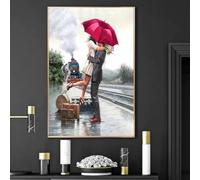 ZHAOLIN Abstract Couple Hugging At The Train Station Canvas Painting Wall Art Romantic Lover Red Umbrella Poster Prints Home Decor 80x120cm Frameless