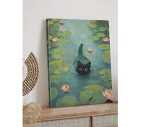 ZHAOLIN Black Cat Swimming Amongst Lily Pads In A Tranquil Pond Canvas Wall Arts Poster, Soft Color Palette And Poster For Home Decor(60x80cm/Canvas wrap)
