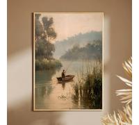 ZHAOLIN Fisherman Row Boat Sunset River Wall Art Poster Canvas Painting, Serene Landscape Minimalist Art Decor For Home Bedroom(70x100cm/Canvas wrap)