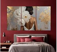 ZHAOLIN Lady in Dress with Flowers from the Back on Luxury Gold Background Canvas Print, Contemporary Wall Art, Abstract Painting 40x80cm InnerFrame