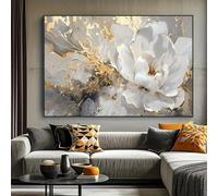 ZHAOLIN Large Modern Floral Canvas Art Print - Elegant White and Golden Flowers Wall Decor for Living Room, Bedroom, Office Artwork 70X100cm Frameless