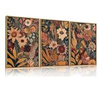 ZHAOLIN Large Retro Floral Canvas Wall Art,3pcs Boho Flowers Wall Decor,Vintage Botanical Wall Painting,Colorful Plant Art Print 60X90cmx3 Frameless