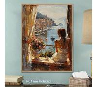 ZHAOLIN Large Size Oil Painting Of Woman On Balcony Overlooking Sea, Modern Canvas Artwork Wall Decor, Girl Room Bedroom Wall Art(20x30/Canvas wrapped)