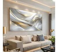ZHAOLIN Modern Abstract Canvas Wall Art, Large Size White and Golden Flowing Design, Elegant Decor for Living Room, Bedroom Decor 55x110cm InnerFrame