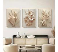 ZHAOLIN Neutral Beige Floral Botanical Canvas Wall art Modern Simple Texture Flower Plant Picture for Living Room Bedroom Wall Decor 30x45cm(12x18in) x3 frameless
