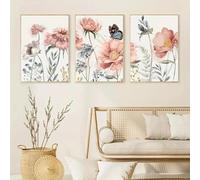 ZHAOLIN Pink Peony Butterfly Watercolor Canvas Painting Wall Art Flower Painting Posters and Prints Pictures for Living Room Decor 30x45cm(12x18in) x3 frameless
