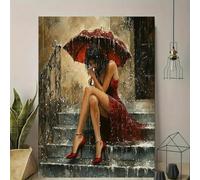 ZHAOLIN Vintage Modern Canvas Wall Art Elegant Woman in Red Dress with Umbrella Sitting on Steps Vertical Home Decor for Living Room 60x90cm Frameless
