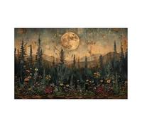 ZHAOLIN Vintage Moonlit Pine Tree Forest Canvas,Full Moon Wildflower Painting Print,Rustic Mountain Wall Art,Woodland Nature Lover 80X120cm InnerFrame
