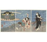 ZHAOSHAN Famous Colorful Art Print Vintage Poster Fighting Along the Banks of the Oi River by Utagawa Kuniyoshi Classic Canvas Picture for Office Decor 60x90cm