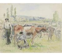 ZHAOSHAN Famous Poster Artworks Art Print Poster Compositional Study of a Milking Scene At Eragny-sur-epte by Camille Pissarro Animal Pictures for Home Decor 60x90cm