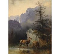 ZHAOSHAN Famous Poster Artworks Art Print Poster Deer and Beast At the Potions by Friedrich Gauermann Animal Pictures for Home Decor 60x90cm
