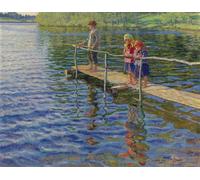 ZHAOSHAN Famous Poster Artworks Art Print Poster Fishing on the River by Nikolay Petrovich Bogdanov-belsky Animal Pictures for Home Decor 60x90cm