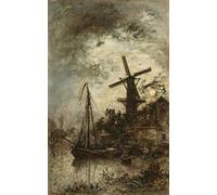 ZHAOSHAN Famous Poster Artworks Art Print Poster Windmill At the Edge of the Vilet by Johan Barthold Jongkind Animal Pictures for Home Decor 60x90cm