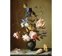 ZHAOSHAN Vintage Pictures Printed Graffiti Print Irises Roses Columbine Hyacinth and a Tulip in a Black Pottery Pitcher by Balthasar Van Der Ast Portrait Canvas Image for Home Decor 60x90cm