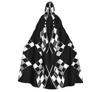 ZHAOUR Black White Formula Checkered Flags Pattern Print Hooded Cloak Halloween Witch Cape Unisex