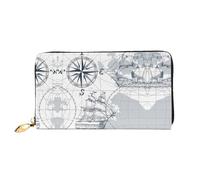 ZHAOUR Boat Map Print Leather Wallet - Long Clutch for Women, Thin & Lightweight Bifold Checkbook Wallets, Card Holder