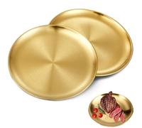 ZHAOYCSH 2 Pieces 20cm Gold Stainless Steel Dinner Plates, Round Metal Serving Platters, Rust-Resistant Camping & Outdoor Dish Sets for Barbecue, Picnic or Party Use