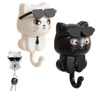 ZHAOYCSH 2 Pieces Cat Key Holder, Self Adhesive Wall Mounted Cat Key Hooks with Sunglasses, Cute Gravity Kitten Hooks for Towel, Backpack, Hat, Scarf, Wall Decor, White and Black