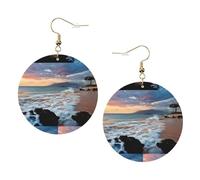 ZhaoYuGoods Beach Maui Hawaii Sunset Sea Waves Clouds Round Earrings in PVC Leather | Print Lightweight Circle Drop Earrings with Silver-Plated 925 Hooks