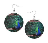 ZhaoYuGoods Beautiful Peacock Round Earrings in PVC Leather | Print Lightweight Circle Drop Earrings with Silver-Plated 925 Hooks