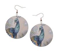 ZhaoYuGoods Beautiful peacock Round Earrings in PVC Leather | Print Lightweight Circle Drop Earrings with Silver-Plated 925 Hooks