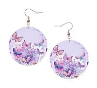 ZhaoYuGoods Beautiful Purple Butterfly Art Round Earrings in PVC Leather | Print Lightweight Circle Drop Earrings with Silver-Plated 925 Hooks