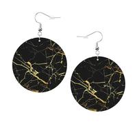 ZhaoYuGoods Black Gold Marble Round Earrings in PVC Leather | Print Lightweight Circle Drop Earrings with Silver-Plated 925 Hooks