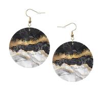 ZhaoYuGoods Black White Gold Foil Marble Round Earrings in PVC Leather | Print Lightweight Circle Drop Earrings with Silver-Plated 925 Hooks