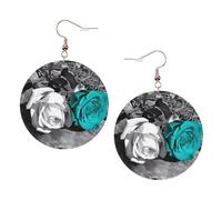 ZhaoYuGoods Black White Teal Gray Rose Flowers Round Earrings in PVC Leather | Print Lightweight Circle Drop Earrings with Silver-Plated 925 Hooks