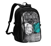 ZhaoYuGoods Black White Teal Gray Rose Flowers USB Travel Laptop Backpack | Printed Computer Backpack With 12 Pockets For Work, Commuting, Weekend Trips, Hiking, Camping, And Daily Carry