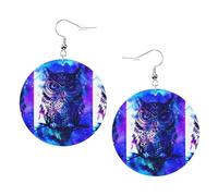 ZhaoYuGoods Blue Owl Round Earrings in PVC Leather | Print Lightweight Circle Drop Earrings with Silver-Plated 925 Hooks