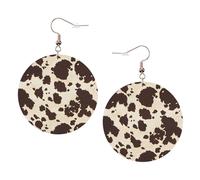 ZhaoYuGoods brown Cow Spots Round Earrings in PVC Leather | Print Lightweight Circle Drop Earrings with Silver-Plated 925 Hooks